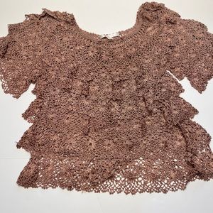 Boston Proper Size XS/S Layered Crochet Dark Taupe Top Open Shoulders